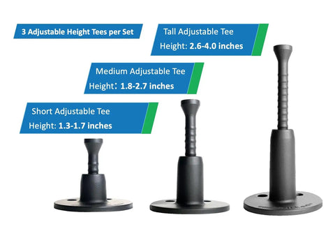 Height Adjustable Golf Tee Set for Driving Range Mats with Three Height Options Short Regular Tall and Storage Bag All Black for Superior Ball Tracking and Durable Made in the USA, showing three black tees of various heights side by side.
