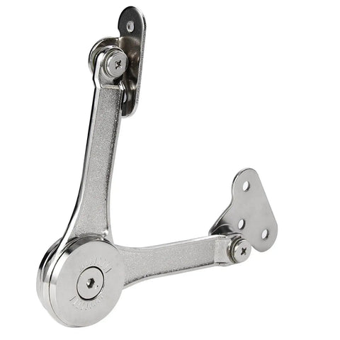 Soft Close Lid Stay Hinge With Buffer Damper For Cabinets And Wardrobes in metallic finish showing lift-up mechanism