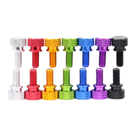 Assorted colored textured thumb screws shown in a row, including a silver version of the Textured Thumb Screws For DIY PC Case Mounts.