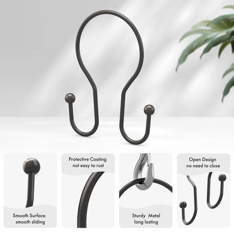 Bronze Double Hook Shower Curtain Hooks Rust Proof Metal Smooth Glide For Easy Curtain Movement And Balanced Hanging On Shower Rod