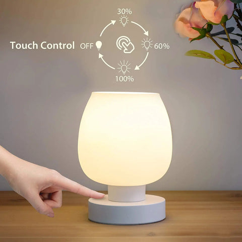 Set Of 2 Small Modern Touch Control Table Lamps For Bedroom And Living Room, 3 Way Dimmable Bedside Desk Lamps With White Opal Glass Shade, 2700K LED Bulbs, Simple Design, Cozy Nightstand Accent Lighting showing touch control feature on a wooden table.