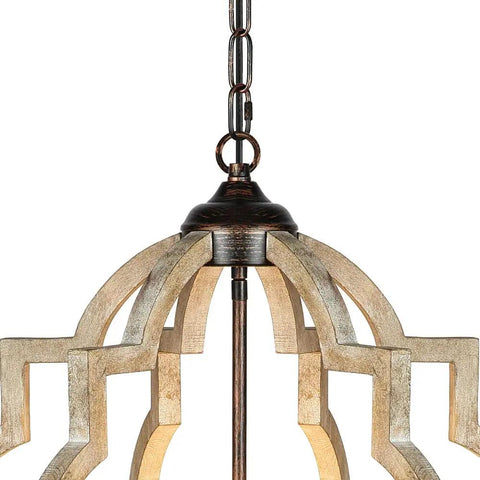 Close-up of rustic wood frame on 21-Inch Farmhouse Chandelier with 6-Light Rustic Wood Light Fixture and warm brown finish