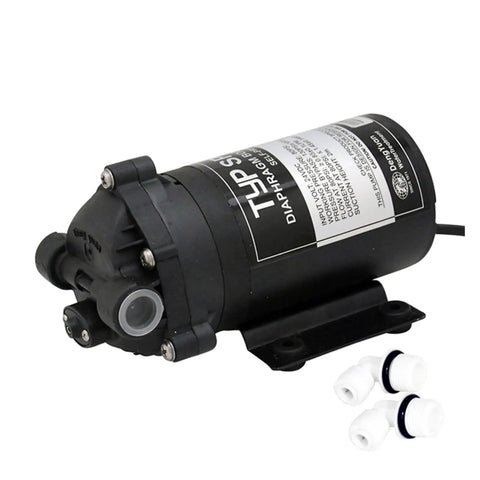 75 GPD Self Priming RO Water Booster Pump For Zero Pressure Reverse Osmosis and Well or Storage Tank, black motor with fittings.