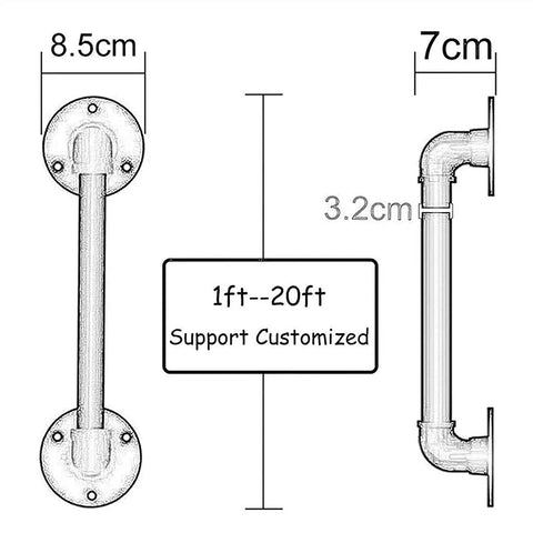 Badass Industrial Wrought Iron Stair Railing Kit Twenty Foot Wall Mount Bracket Diagram with Size Dimensions and Pipe Details