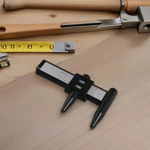 OHPHCALL 2pcs Wheel Hub Diameter Ruler ABS Measuring Tool for Automotive on wood surface with measuring tools in background.