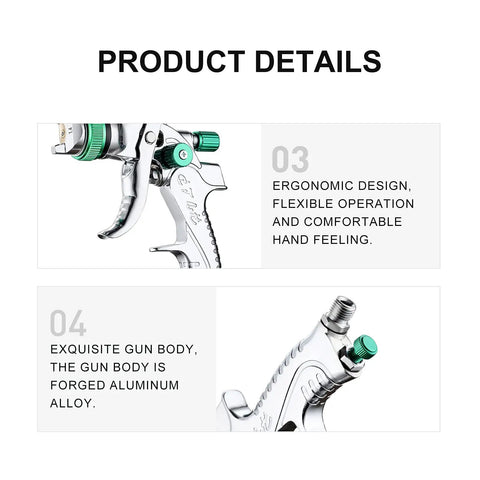 Close-up of HVLP Gravity Feed Paint Sprayer showing ergonomic design and aluminum body.