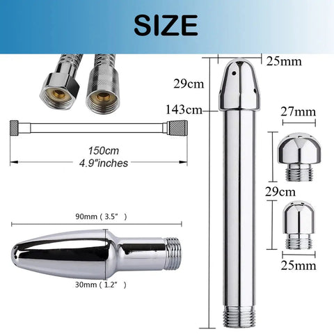Dimensions of Dual Shower Head Enema System With Aluminum Nozzles, Flushing Cleansing Wand, 2 Adjustable Heads, Silver Finish