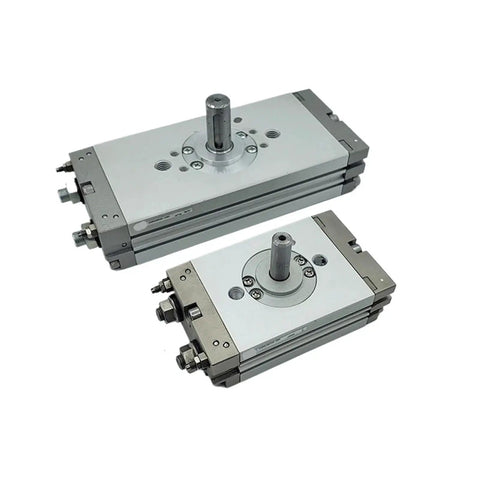 Compact Pneumatic Rotary Actuator Featuring Rock Solid Precision Rack And Pinion Design For Slick Heavy Duty Automation And No Nonsense Cylinder Operation, front view of two sizes.