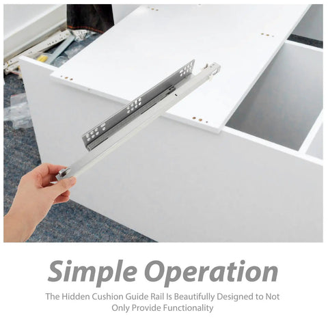 Hand holding hydraulic damping drawer slide, cold rolled steel, for cabinets and drawers with silver detachable rails.