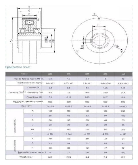 Magnetic powder brake tension control, ultra-thin cross-section with coil and mounting bracket, DC24V.

Magnetic powder brake top view: circular face with bore and mounting pattern models 006–100.