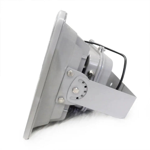 Hella Bright 300W LED Floodlights 10 Pack 3 Year Warranty side view of gray floodlight with mounting bracket.