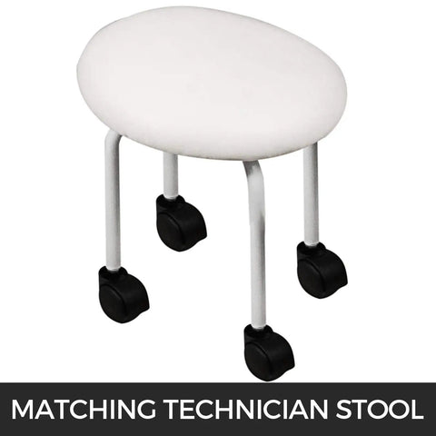Pro Grade Hydraulic Lift Spa Pedicure Chair With Deep Soak Bubble Massage Footbath Top Shelf Salon Setup Zero Grind Cleanup Slick Contour Cushions For Prime Relax Mode White matching technician stool with wheels and white cushion.