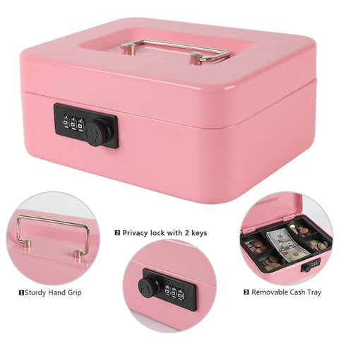 Steel Cash Box Safe With Combination Lock Pink Money Safe Box With Removable Coin Tray Medium Size 7.87 By 6.30 By 3.54 Inches Durable Steel Construction shown with open tray