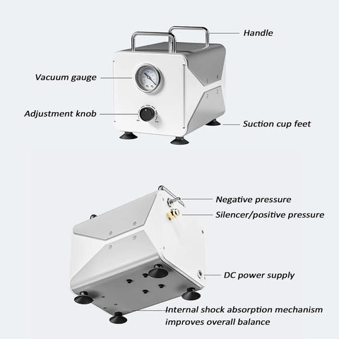 Portable Oilless Diaphragm Vacuum Pump For Lab Filtration Featuring Adjustable Speed And Real Time Pressure Monitor, vacuum gauge and adjustment knob.