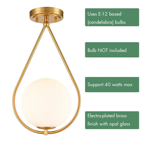 Industrial Mid Century Modern Brass Semi Flush Mount Ceiling Light With Opal Milk Glass Globe Fixture For Living Room Hallway Or Dining Area Retro Industrial Vibe, E12 base.