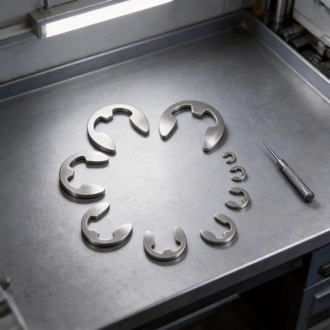 120 Piece External Retaining Rings Kit For Mechanical Projects, Durable Stainless Steel Snap Rings In A Variety Of Sizes From M5 To M10, Built For Tough Jobs, Quick Installations, And Snug, Reliable Fits. stainless external retaining rings laid out with installation tool