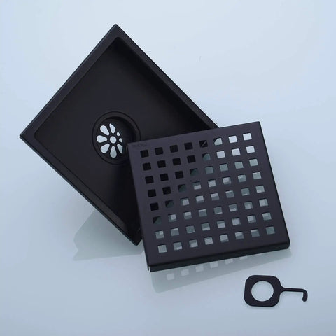 6 Inch Stainless Steel Shower Floor Drain With Threaded Adapter And Removable Grid Cover With Slick Matte Black Finish