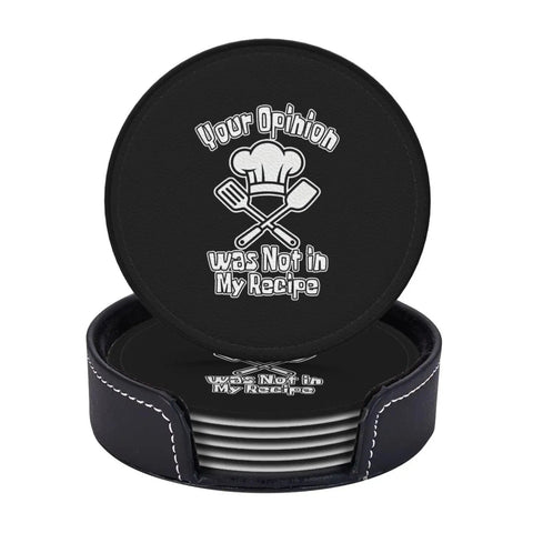 Leather Coasters 6 Piece Set With Holder For Weddings, Bars, Homes, And Offices, Microfiber PU Leather, Round Black Coasters in Holder