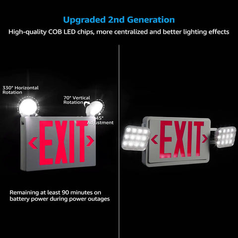 Black LED Exit Sign With Emergency Lights UL 924 Battery Backup Double Face Damp Location 120/277V Pack Of 2 with adjustable heads.