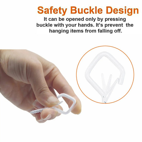 Close-up of hand holding white screw hook showing safety buckle design from Heavy Duty Eye Screw Hooks With Safety Buckle 35 Piece Set