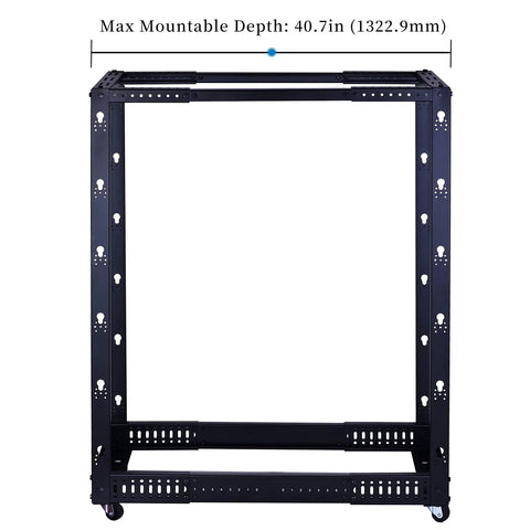 Heavy Duty 25U Open Frame Server Rack With Smooth Rolling Caster Wheels And Adjustable Depth, showing max mountable depth of 40.7in.
