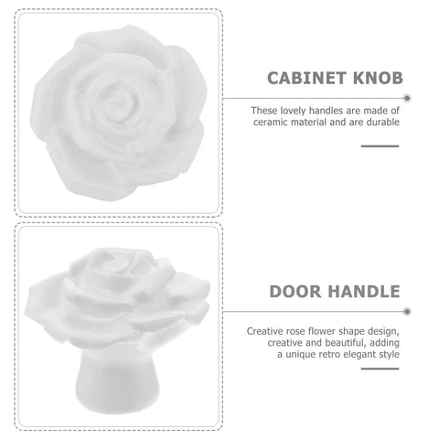 White Ceramic Rose Flower Cabinet Pull Handles With Screws, 8 Pack, featuring retro rose design for cabinets and furniture