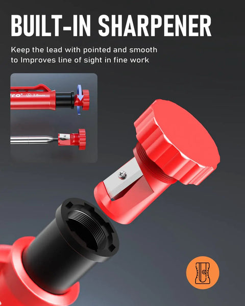 Close-up of built-in sharpener in Carpenter Pencils With Sharpener Set And 26 Refills Deep Hole Marker for Construction and Woodworking