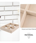 Beige Velvet Jewelry Display Tray With Four Grids And Sturdy Wooden Lid For Ring Bracelet Earring Storage Stackable Vanity Organizer showing flannel compartments.