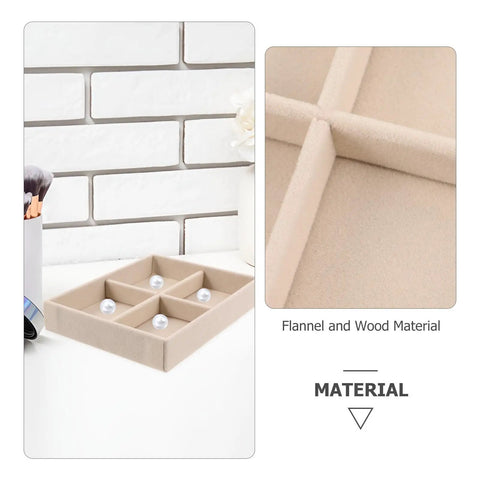 Beige Velvet Jewelry Display Tray With Four Grids And Sturdy Wooden Lid For Ring Bracelet Earring Storage Stackable Vanity Organizer showing flannel compartments.
