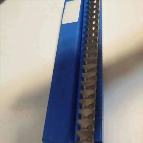 Close-up of a 22mm Square Push Type Broach Cutter For Keyway, HSS High Speed Steel Cutting Tool in blue holder