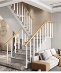 White Side Mount Stair Balusters 30 Pack With Hella Strong Adjustable Brackets And Full Hardware Kit For Outdoor Deck Railing Systems Built Like A Tank Solid Square Metal 39 Inches Tall installed on stylish interior staircase with wooden handrails.