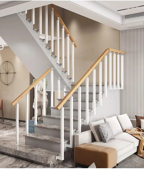 White Side Mount Stair Balusters 30 Pack With Hella Strong Adjustable Brackets And Full Hardware Kit For Outdoor Deck Railing Systems Built Like A Tank Solid Square Metal 39 Inches Tall installed on stylish interior staircase with wooden handrails.