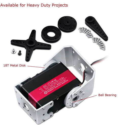 Beefy 12V High Torque Servo Motor with steel gears and mount brackets for heavy-duty projects, shown with components and ball bearing.