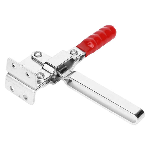 Vertical Long Arm Toggle Clamp With Quick Release Lever Slick Crimping And Welding Fixture For Workshop Projects Boss Level Heavy Duty Workhorse Tooling Jig close-up view with red plastic handle and shiny metal finish.