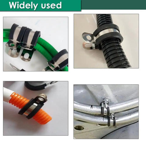Dang Solid 1/4 Inch 304 Stainless Steel Cable Clamps 100 Pack securing various cables and hoses in multiple applications.
