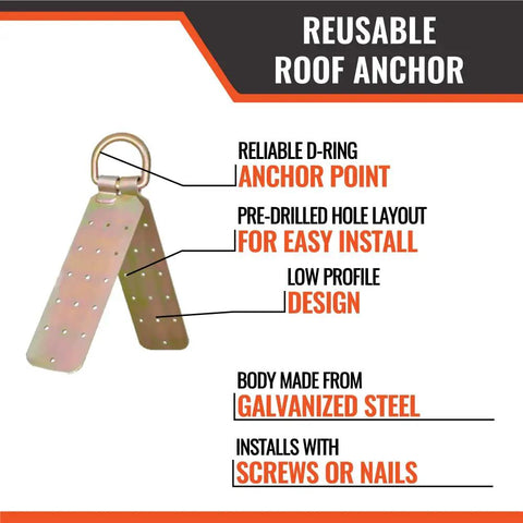 No Sweat 50 Foot Vertical Lifeline Rig With Ansi Certified Fall Arrest Harness And Industrial Grade Roof Anchor showing reusable roof anchor with D-ring, galvanized steel, pre-drilled for easy install.