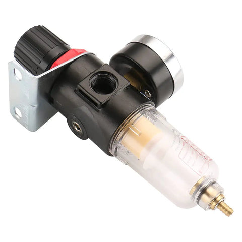 Built Tough Pneumatic Filter Regulator With Reliable Pressure Gauge For Slick Air Treatment And No Fuss Adjustable Control On All Standard Compressor Lines And Shop Gear, Compact design with clear water trap.