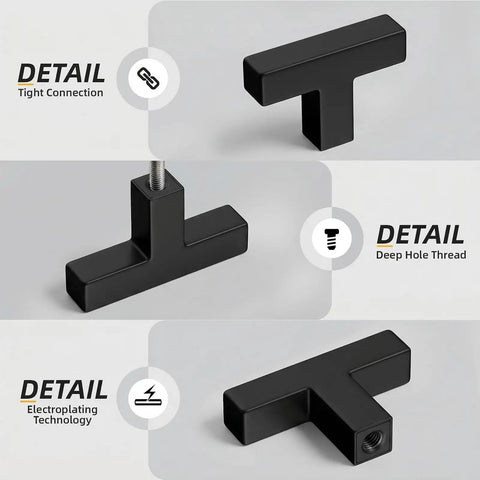 5 Pack Black Square T Bar Cabinet Knobs With Single Hole Slick Stainless Steel Modern Drawer Pull Handles detail view