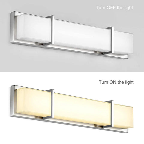 27 Inch LED Vanity Light Fixture Dimmable 28W Glass Modern Bathroom Lighting Over Mirror Wall Mount Silver Finish Warm White 3000K