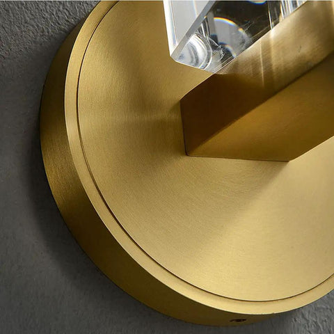 Close-up of Super Sleek Modern Copper Brass Wall Sconce with geometric glass shade, highlighting brass finish and design details.