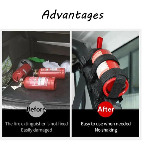 Heavy Duty Fire Extinguisher Mount For Roll Bar With Adjustable Straps Secure Holder For Jeep Wrangler Trucks SUVs Off Road Cars And Home Office Use Grab And Go Access Bracket System comparison before and after installation