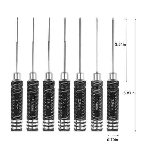 7-Piece RC Hex Driver Set Tool Kit For Drones And RC Cars With Aluminum Handle And Steel Wrenches In 0.9mm 1.27mm 1.3mm 1.5mm 2.0mm 2.5mm 3.0mm
