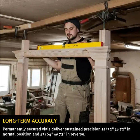 Built Solid Three Piece Spirit Level Kit Including 48 Inch 24 Inch Plus 12 Inch Precision Vials With Heavy Duty Lockable Case and Coated Beams in use for precise leveling.