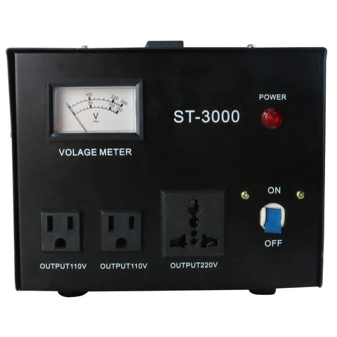 Front view of Beefy Step Up Down Voltage Transformer Converter with built-in meter, dual outlets for 110V/220V use, circuit breaker protection.