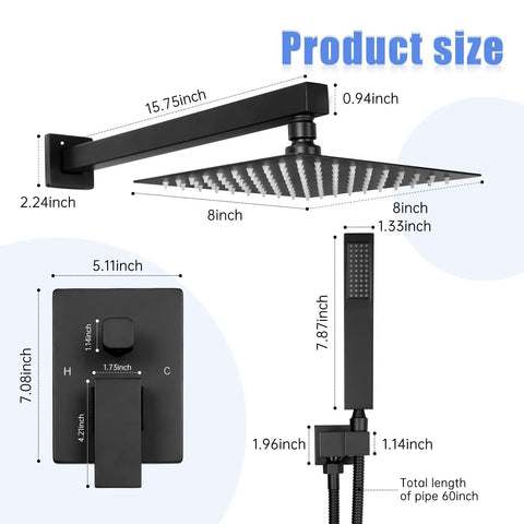 Matte Black Concealed Shower Set With Built-In Pressure Balance Valve, Ultra-Thin 8-Inch Rain Shower Head, dimensions shown