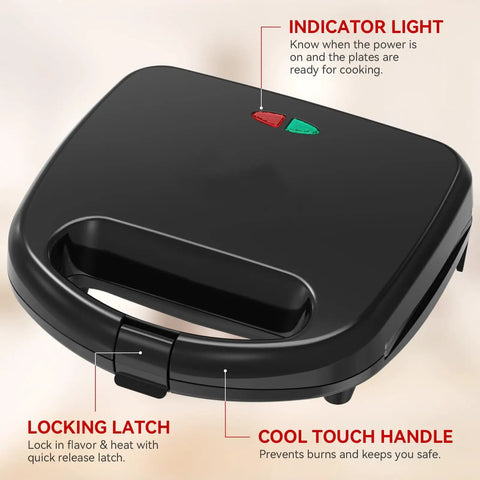 2-Slice Nonstick Waffle Maker With Indicator Lights, Fast 750W Heating, PFOA Free, showing locking latch and cool touch handle