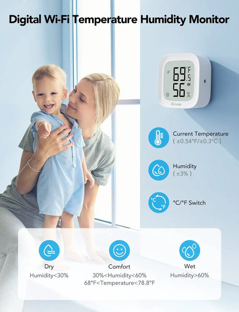 Mother and child in bedroom with WiFi Thermometer Hygrometer with E Ink Display showing current temperature and humidity.