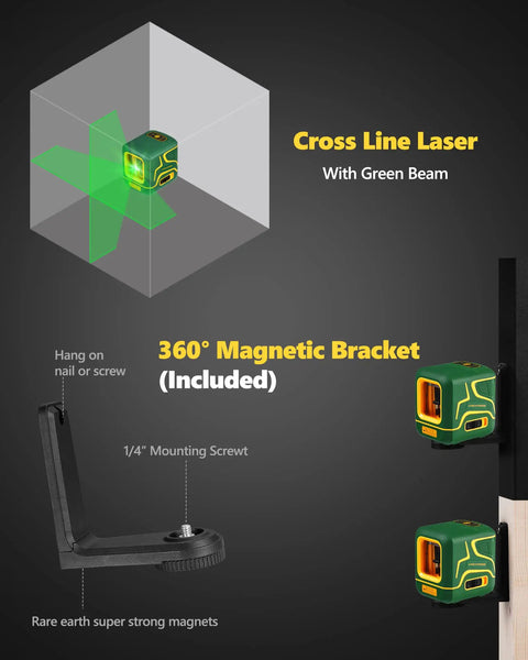 Cross Line Laser Level With Rechargeable 2200 mAh Battery Type C Charging 100 Feet Green Beam Self Leveling Vertical And Horizontal Lines 360 Degree Magnetic Pivot Base Pulse Mode For DIY Pros with magnetic bracket and mounting screw