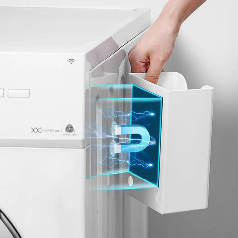 Hecka Rugged Magnetic Dryer Sheet Holder for Laundry Room with Heavy Duty Magnet Mount, white plastic dispenser in use.
