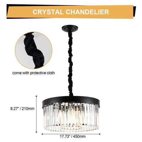 Black Crystal Chandelier Pendant Lighting, 2 Tier Modern Round Ceiling Fixture with adjustable height chain, 17.73 inch diameter